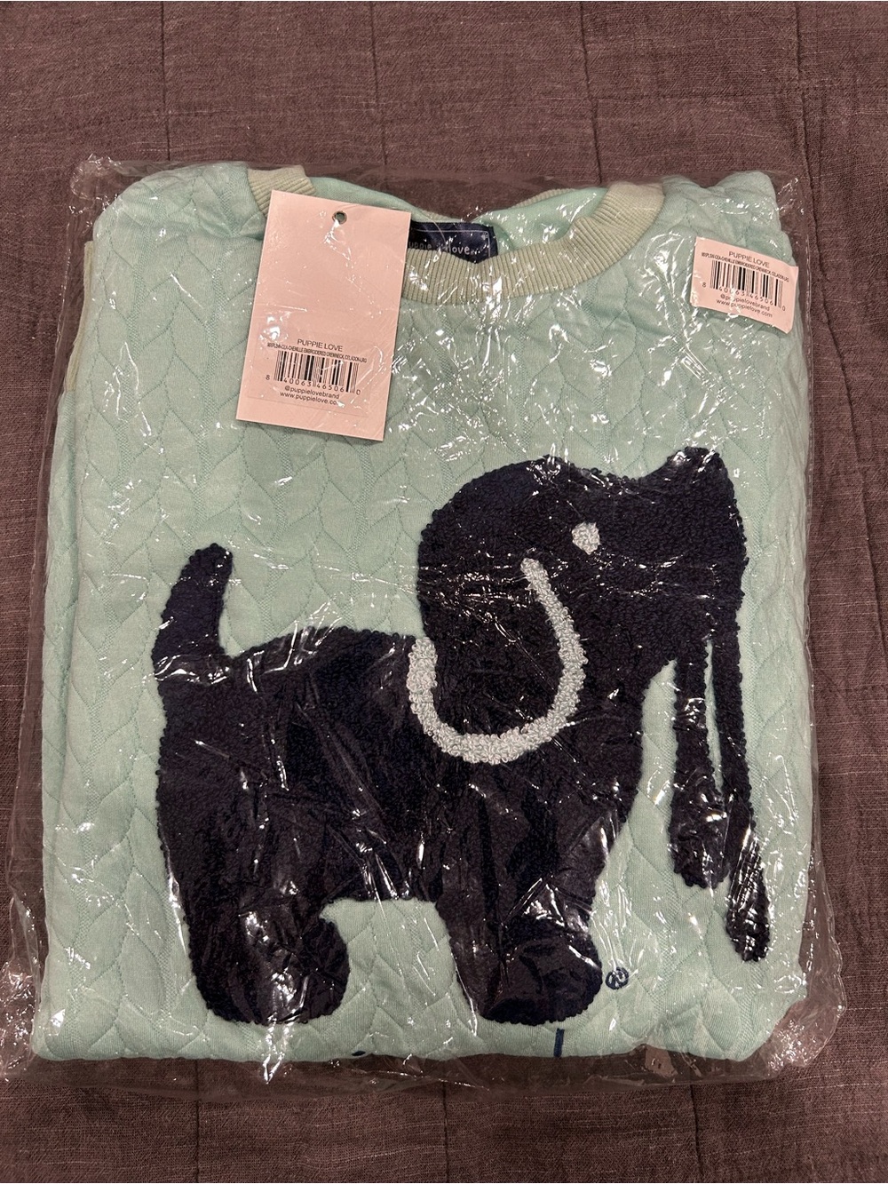 Puppie Love Women's Mint Crewneck Sweater with Black Dog Motif